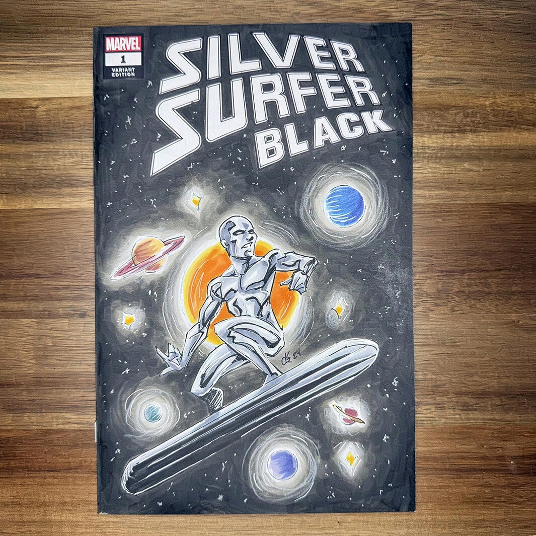 A blank sketch variant with Silver Surfer on his board, navigating the galaxy.