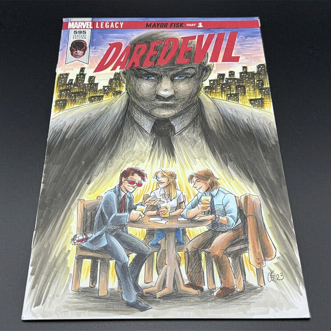 A blank sketch variant with Matt Murdock, Karen Page and Foggy Nelson sharing a drink at a table, while Fisk looms over them in shadow. The New York Skyline frames Fisk.